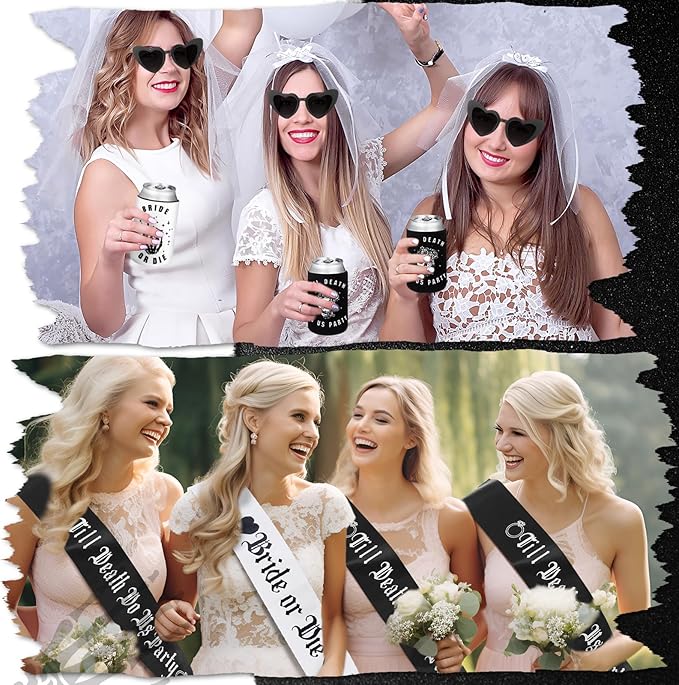 Domensi 35 Pcs Bride or Die Bachelorette Party Decorations Till Death Do Us Party Gifts Including Hair Scrunchies Heart Sunglasses Sash Makeup Bag Beer Can Cooler Sleeves for Wedding Supplies Gift