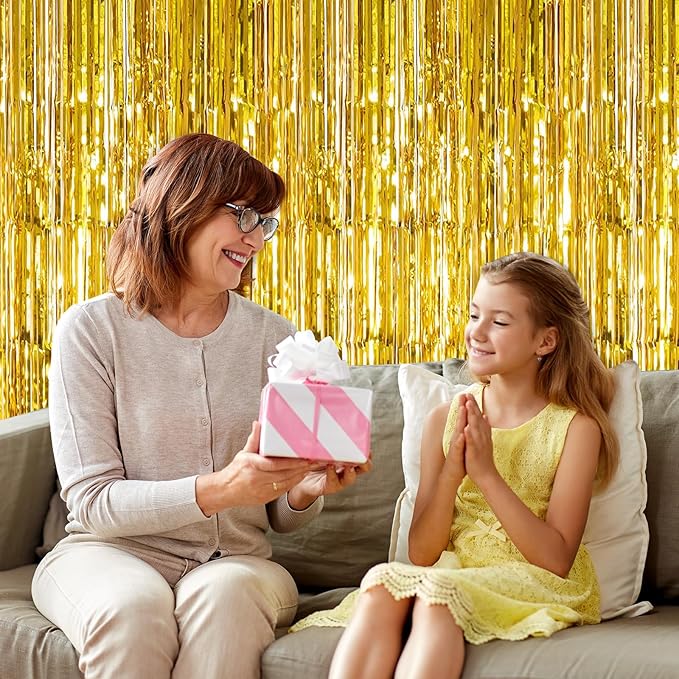 20 Pack Gold Foil Fringe Curtains 3.2ft x 9.8ft Gold Foil Curtain Backdrop Metallic Tinsel Curtains Streamer Photo Booth Backdrop for Birthday Party Engagement Bachelorette Party Decorations