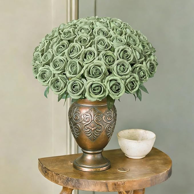 50 PCS Green Roses Artificial Flowers, Fake Roses with Stem Realistic Silk Roses for DIY Wedding Bouquets Tables Centerpieces Arrangements Baby Shower Birthday Home Decor Valentine's Day Gift for Her