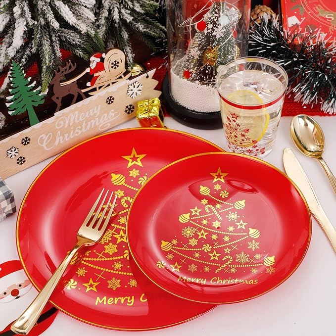 LIYH 150 Pcs Red Plastic Christmas Plates - Disposable Dinnerware Set, Christmas Plastic Plates, Red Silverware Set, Disposable Xmas Cups 10 OZ Holiday Tableware Dishes for Xmas Day 25 Guests