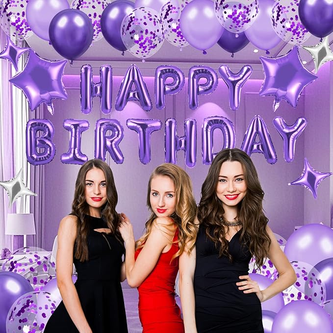 Purple Happy Birthday Balloons Decorations Purple Lavender Birthday Balloon Letters Banner with 6 Pcs Star Balloons Artificial Rose Petals 24 Flameless LED Candles for Room Hotel Party Decorations