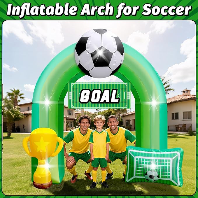 9 FT Giant Soccer Inflatable Arch for Soccer Birthday Party Decoration with “Goal” Banner 1 Blower and 5 LED Light for Soccer Field Club Team Coach Community Competition Outdoor Blow-up Decor