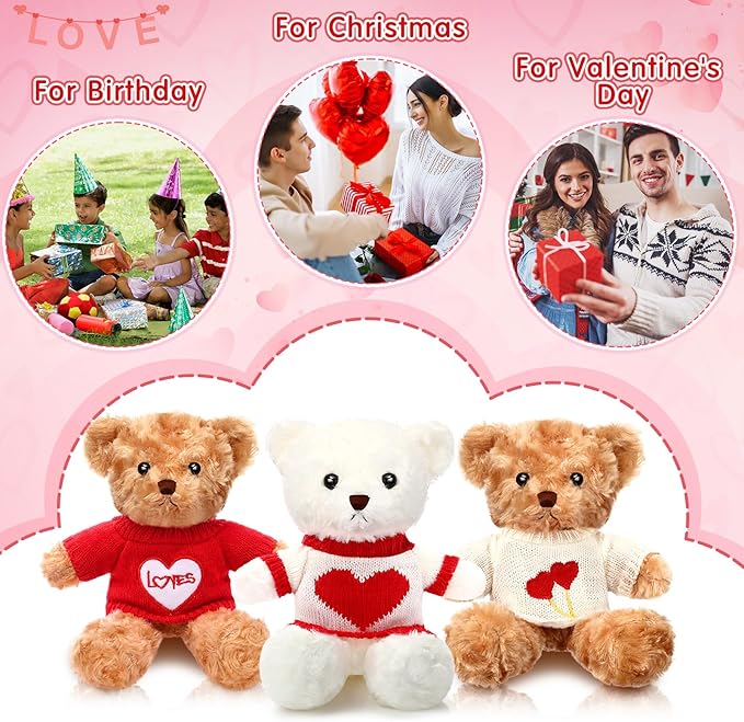 Hungdao 8 Pcs Valentines Bears Bulk 9.84 Inch Valentines Stuffed Animals Bulk Small Cute Plush Bears with Heart Clothes Valentine Gifts for Girlfriend Mother's Day Wedding Birthday Party(Cute Style)
