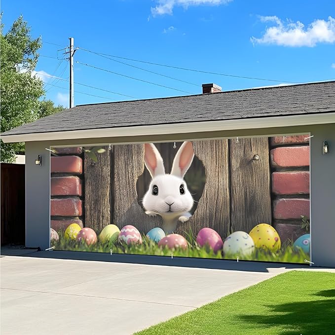 Easter Bunny Peeking Through Fence Garage Door Banner 7x16FT, Cute Bunny & Colorful Eggs, Outdoor Spring Decoration for Easter & Holiday Season