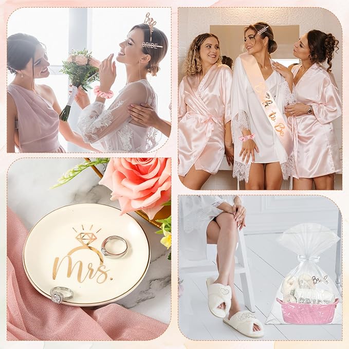 Baderke 17 Pcs Bride to Be Gift Basket for Bridal Shower, Bridal Box with Basket, Makeup Bag, Slippers, Headband, Sash, Mrs Ring Dish, Jewelry Box and More for Wedding Engagement Gift(Pink)
