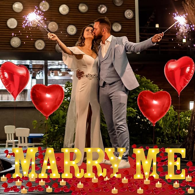 Marry Me Light Up Letters Proposal Decorations Marry Me Sign 24 LED Candles 2000 Rose Petals 10 Foil Balloon 10ft Carpet Runner Rose Ring Box for Valentine's Day Wedding Proposal Engagement (Warm)