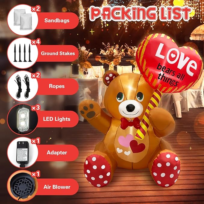 LETIME 4FT Valentines Day Inflatable Outdoor Decorations Bear Holding Heart Balloon LED Lighted Blow-up Yard Decor Romantic for Party Birthday Anniversary Wedding Propose