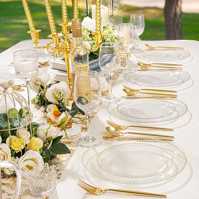 Rubtlamp 60Pcs Clear Gold Plastic Plates, Clear Disposable Plates With Gold Beaded, Heavyduty Plastic Plates Include 30 Dessert Platos, 30 Dinner Platos for Wedding Party
