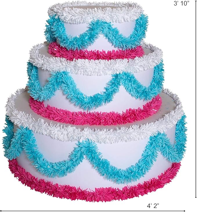 Anderson's 3-Tier Pink & Blue Trim Pop-Out Cake, Life-Size Jumbo Prop for Surprise Entrances, Weddings, Birthdays, Holidays, Stage Reveals, Photo Ops – Includes Tools, Reusable, 46" x 50"