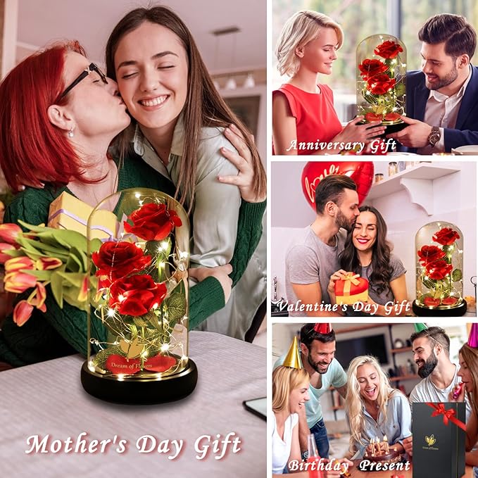 Valentines Day Gifts for Her,Valentines Decor Beauty and The Beast Rose Flowers with 40 LED Lights Rose in Glass Dome,Enchanted Rose Valentines Flowers Birthday Gifts for Women Girlfriend Mom Wife