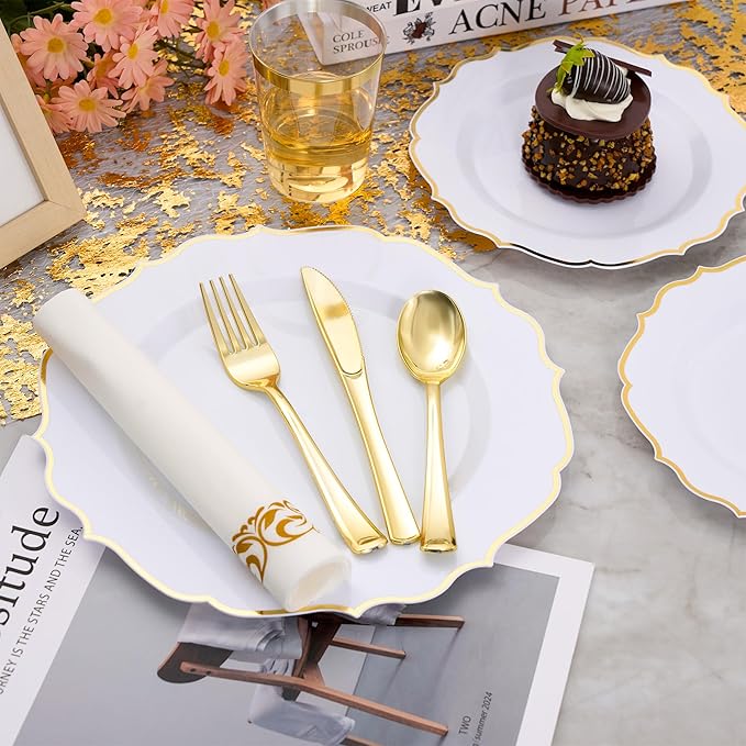 350 PCS Gold Disposable Plates, Scalloped Dinnerware Set for 50 Guests, 100 Plastic Plates, 150 Silverware, 50 Cups & 50 Paper Napkins, Gold