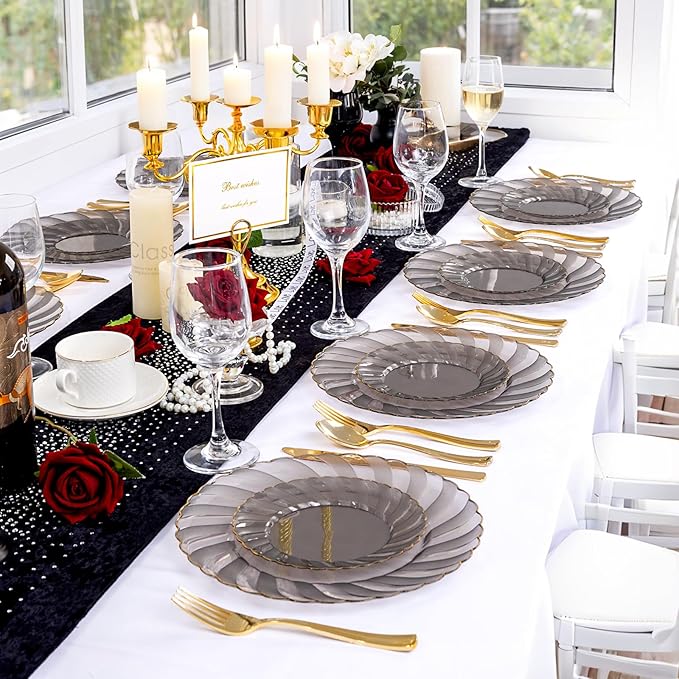 YOUBET 125PCS Clear Black Plastic Plates - Black and Gold Disposable Plates Include 50 Plate, 75 Gold Silverware for Wedding & Party & Birthday