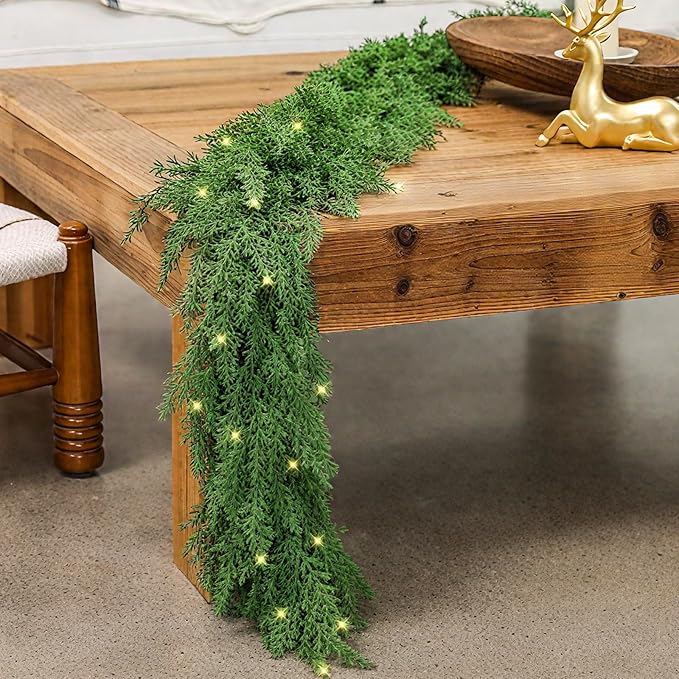 Cedar Christmas Garland for Mantle - Decorations with Lights 9 ft Realistic Lighted Faux Pine Garlands for Xmas Stairs Railing Fireplace Prelit Home Decoration Indoor Outdoor 9ft Garland Door Decor