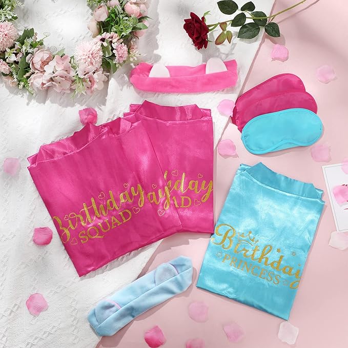 Yahenda 30 Pcs Girls Spa Party Supplies Birthday Princess Robe Birthday Squad Robes Headband Blindfold Set for Party(Rose Red, Blue)