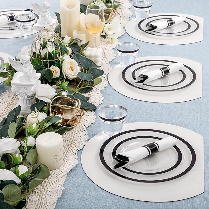 I00000 350 Pcs Clear and Black Plastic Plates,Black Dinnerware Set, Include 50 Dinner and 50 Dessert Plates,50 Plastic Cups,50 Pre Rolled Napkins with Cutlery for Party