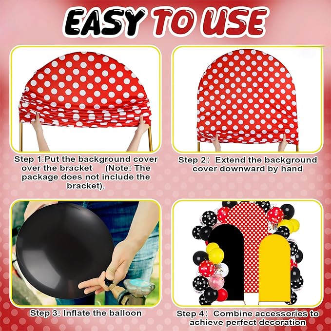 34 Pieces Cartoon Mouse Birthday Party Decorations 4ft 5ft 6ft Arch Covers 3 Pcs Cartoon Mouse Theme Spandex Arch Backdrop Cover 30 Pcs Red Yellow Black Balloons 1 Ribbon for Party Decor