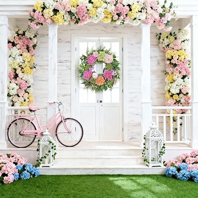 24 Inch Spring Wreath for Front Door with Peony Hydrangea Silk Flowers with Berry Greenery for All Seasons Porch Wedding Wall Farmhouse Porch Wall Living Room Home Widding Decor