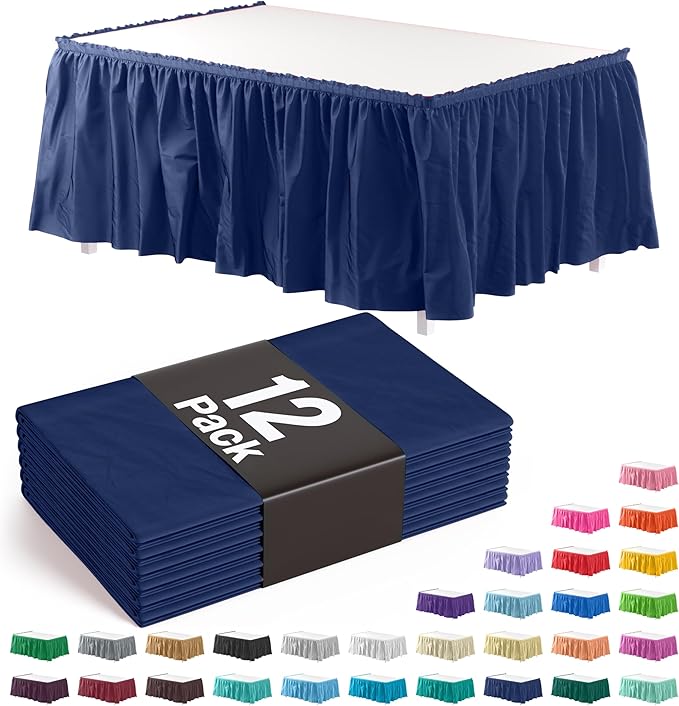 Exquisite Navy Table Skirt 12 Pack 29" X 14 Ft Long Black Table Skirts for Rectangle Tables 6ft Plus or Round Tables - Ruffle Table Skirt with Adhesive Strip - Gender Reveal Decor & Party