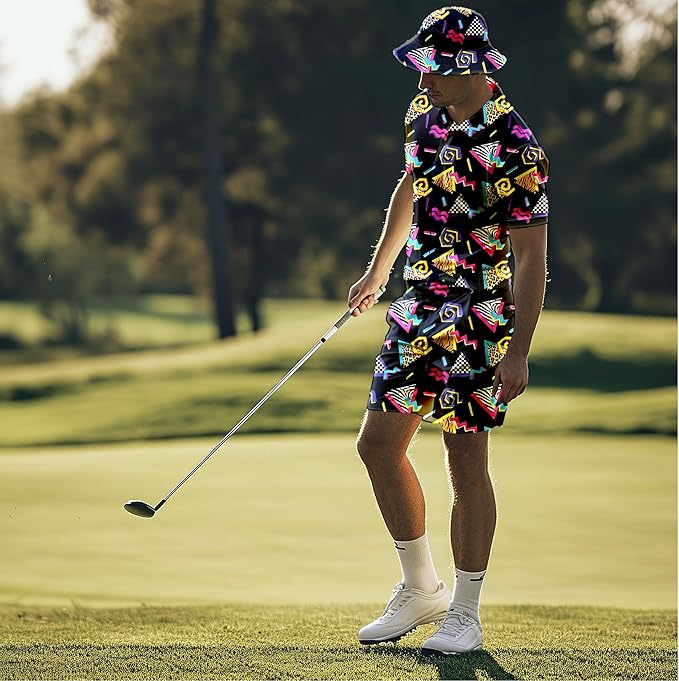Men's 2 Piece Tracksuit 80s 90s Outfit Button Down 80s Shirts and Shorts Sets with Bucket Hats