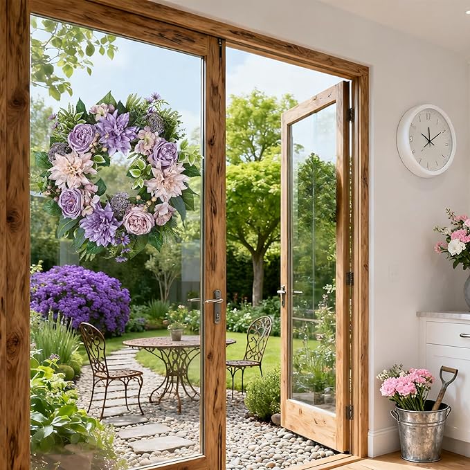 24 Inch Spring Wreath for Front Door with Roses Dahlias Silk Flowers with Berry Greenery for All Seasons Indoor Outdoor Porch Wedding Wall Farmhouse Porch Wall Living Room Home Widding Decor