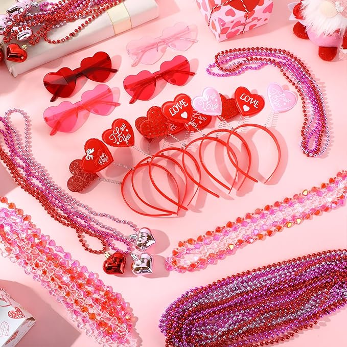 Kanayu 108 Pcs Valentines Day Accessories 36 Valentines Heart Headbands 36 Heart Shaped Sunglasses 36 Bead Necklaces for Valentine Party Favors Supplies Bachelorette Decorations(Red Pink)
