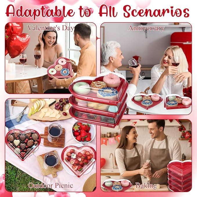 Macarrie 25 Pcs Valentine's Heart Shaped Serving Tray Platter 20 oz Heart Plates with Clear Lids Dessert Plates Snack Tray for Valentine Birthday Party Table Decoration (Red)