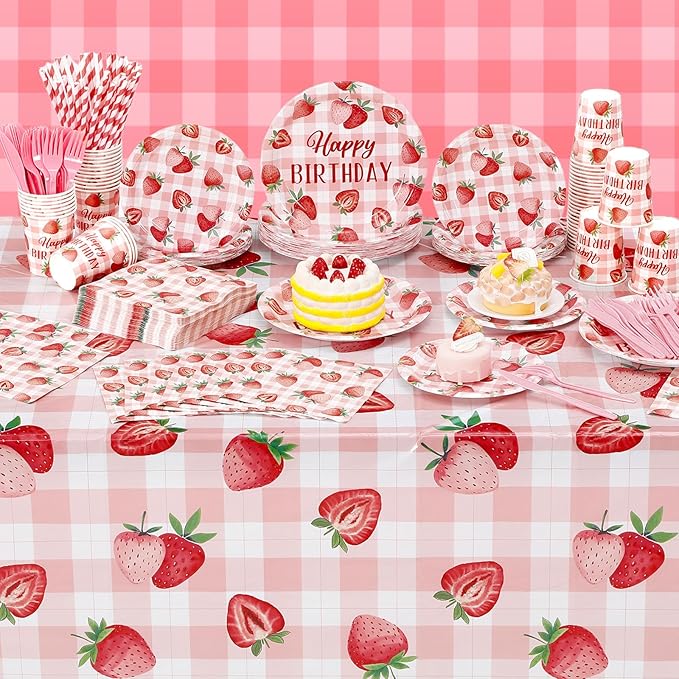 452 Pcs Strawberry Birthday Party Decorations for 50, Strawberry Paper Plates Napkins Cups Tablecloth Cutlery Straws for Berry First Birthday Themed Baby Shower Party Supplies