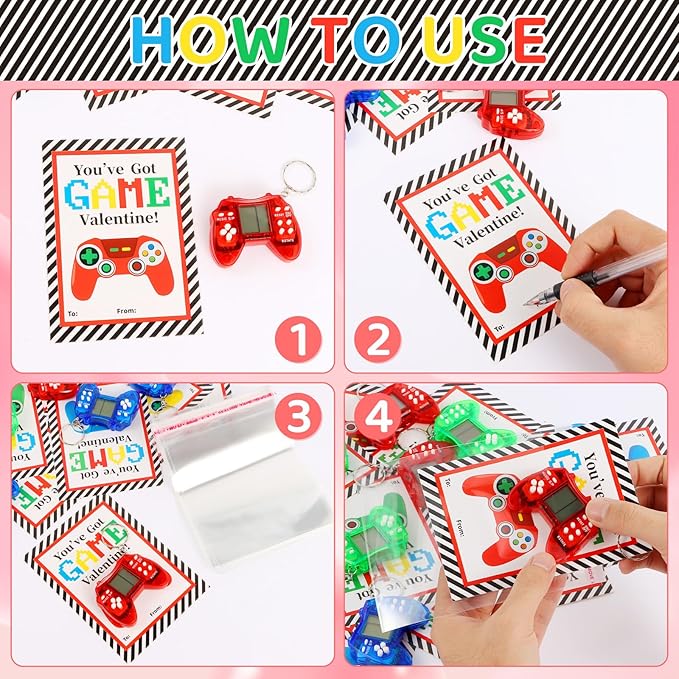 LiYiQ 24 PCS Valentines Day Gifts Cards with Video Game Keychain for Classroom, Video Games Keychains with Gift Cards, Valentine Stuffers Classroom Exchange Party Favors Gift