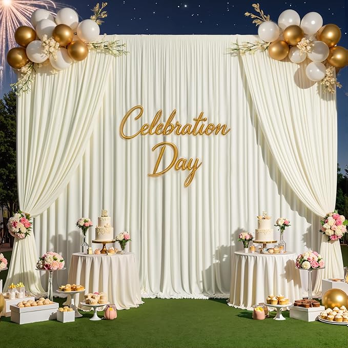 gogoparti 50ft x 12ft Ivory Wrinkle-Free Backdrop Curtain for Wedding Parties, Thick Polyester 10 Panels 5x12ft for Wedding Birthday Baby Shower Halloween Photography Party Background