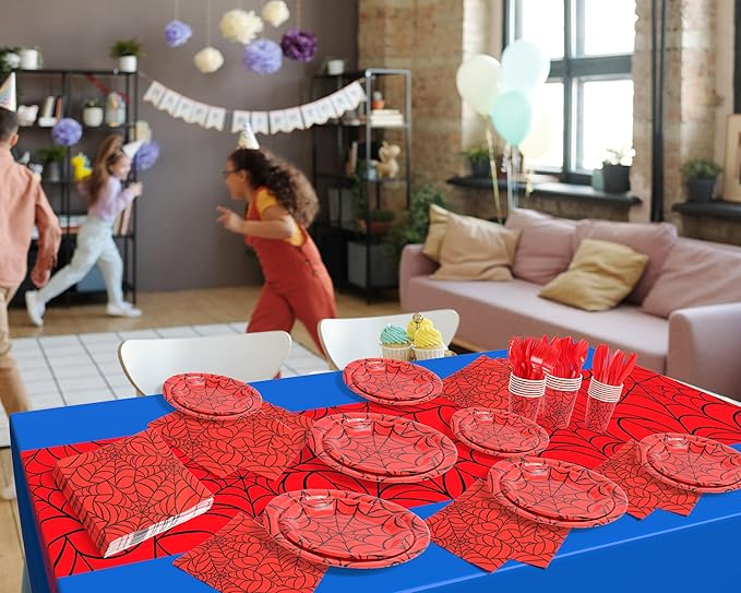 Oudain 324 Spider Birthday Party Decoration Supplies Red Blue Disposable Rectangular Spider Web Tablecloth Paper Plates Napkins Cups Set Plastic Dinner Tableware Forks Spoons Knifes