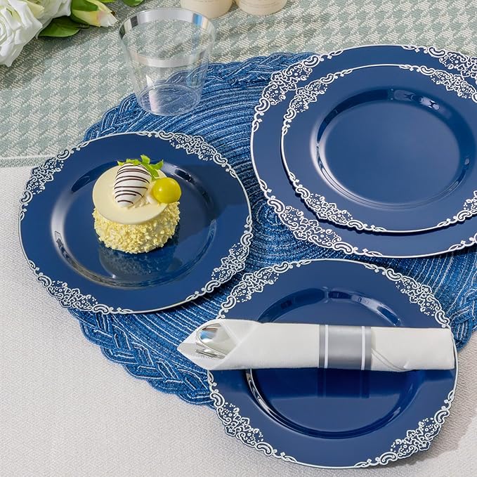350PCS Navy Blue Plates for 50 Guests, Disposable Dinnerware Sets Include 100 Plastic Plates, 50 Silverwares, 50 Cups, and 50 Pre Rolled Napkins for Party, Wedding and Graduation
