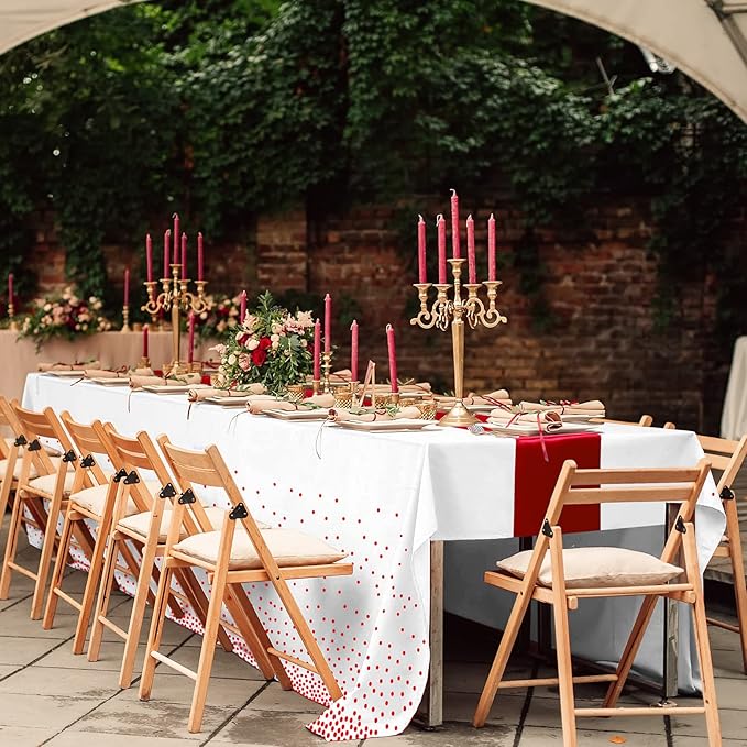 16Pack Disposable Plastic Tablecloths and Satin Table Runner Set White and Red Dot Tablecloth Red Satin Table Runner for Wedding Birthday Baby Shower Anniversary Christmas New Year Party Supplies