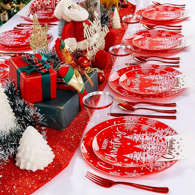 I00000 210Pcs Christmas Plastic Plates - Red Disposable Plates with Red Plastic Silverware Include 60 Plates, 30 Forks, 30 Knives, 30 Spoons, 30 Cups, 30 Napkins for Xmas Party