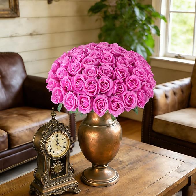 50 PCS Roses Artificial Flowers, Fake Roses with Stem Realistic Hot Pink Silk Rose for DIY Wedding Bouquets Table Centerpieces Arrangements Baby Shower Birthday Home Decor Valentine's Day Gift for Her
