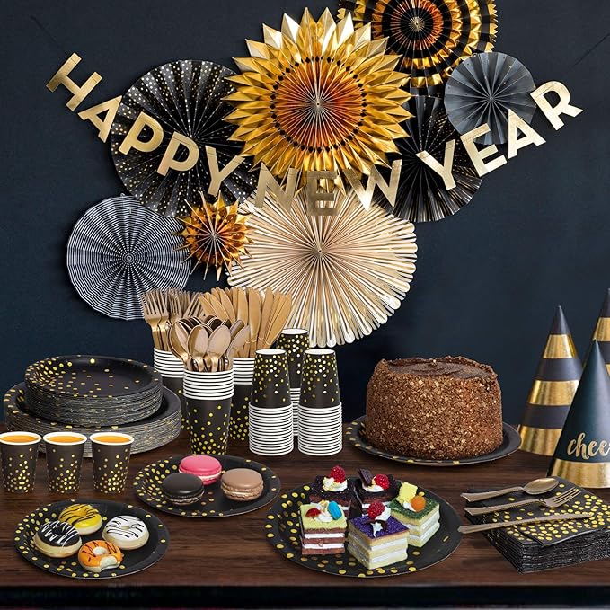2026 Black and Gold New Years Eve Party Supplies Decorations, 350PCS Disposable Dinnerware Set w/Black Gold Dot Paper Plates Napkin Cup Plastic Forks Knives Spoon for Birthday Christmas Retirement