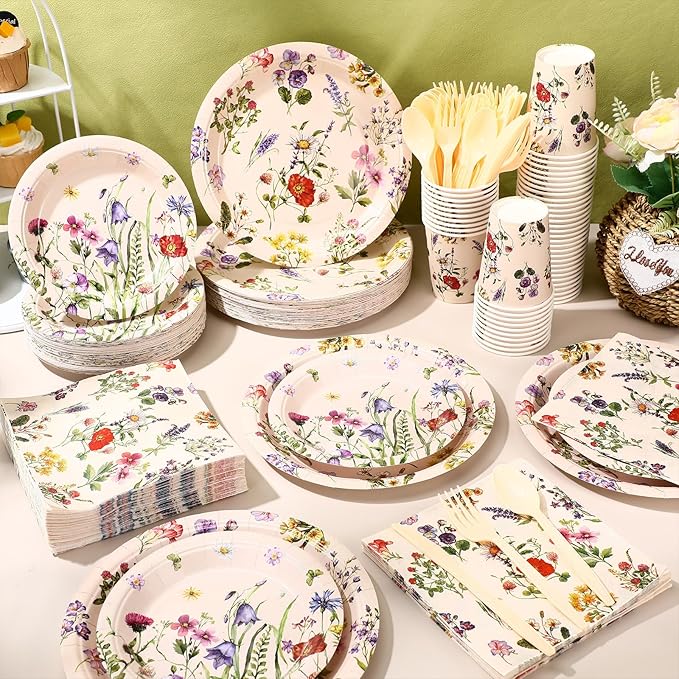 400 Pcs Wild Floral Disposable Paper Plates Napkins Cups Serve 50 Watercolor Floral Tableware Set for Spring Wedding Tea Party Decoration Bridal Shower Baby Shower (Fresh Color,Vivid Style)
