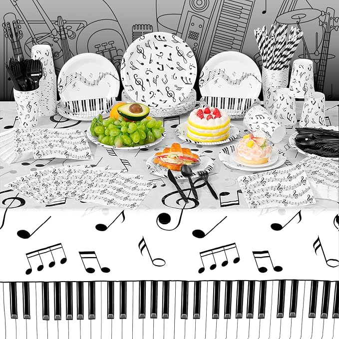 452 Pcs Party Supplies Serve 50 Guests, Paper Plates Napkins Cups Cutlery Plastic Tablecloth Dinnerware for Birthday Wedding Party Decoration(White Black,Music Notes)