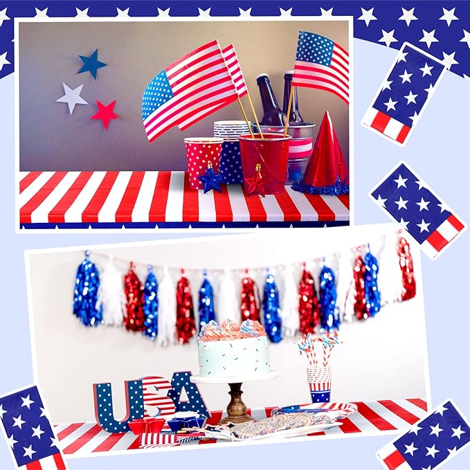 30 Pieces 4th of July Tablecloths 54 x 108 Inch Red White and Blue American Flag Disposable Plastic Table Covers Patriotic Party Supplies Decor for Memorial, Independence, Veterans Day