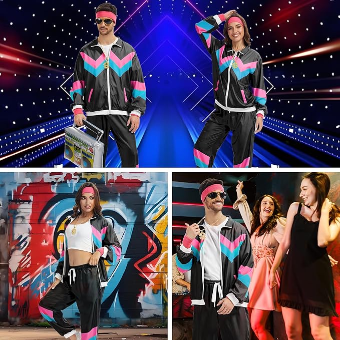 80s Outfit for Men Women-One Set 80s 90s Costumes with Accessories-Couples Track Suits for Halloween Carnival Party