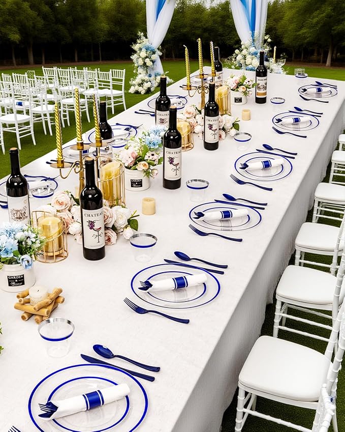 175Pcs Blue Plastic Plates for Party, Disposable Clear Dinnerware Set for 25 Guests, 50 Plastic Plates, 25 Cups, 25 Pre-Rolled Napkins with Cutlery for Party, Wedding, Christmas