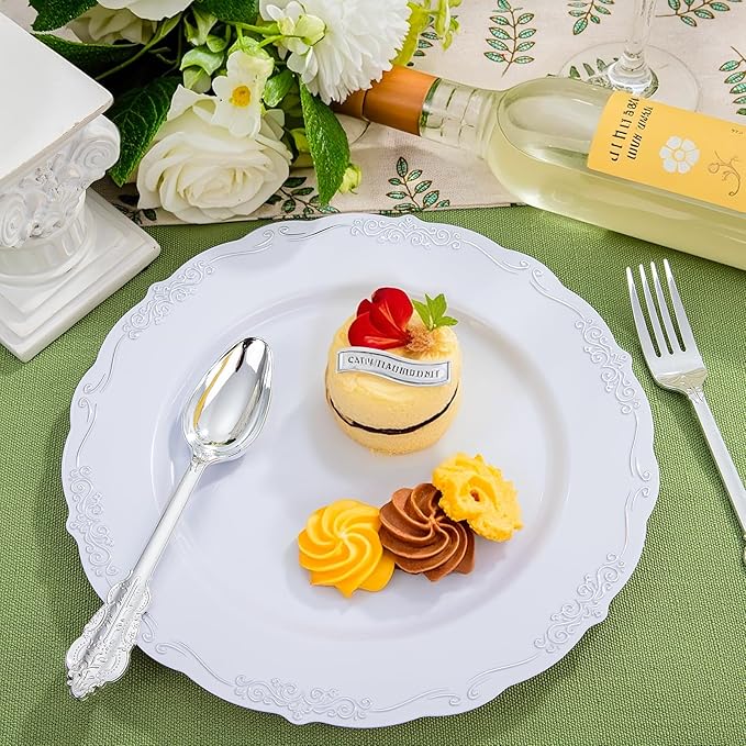 DaYammi 60PCS White and Silver Plastic Plates, Heavy Duty White and Silver Disposable Plates Premium 10inch White Dinner Plates Hard Plastic Plates Disposable for Party Wedding Bridal Shower