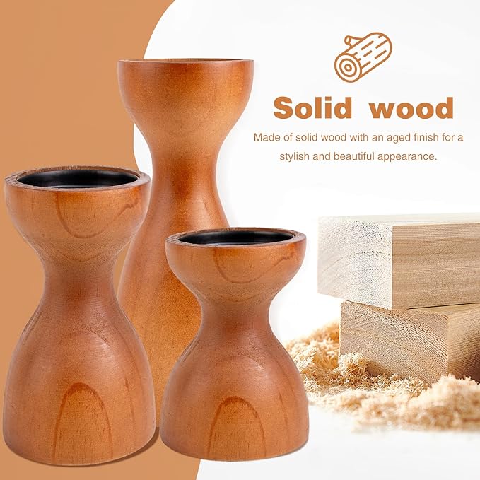 Set of 3 Farmhouse Wooden Candle Holders for Pillar Candles, Brown Rustic Wood Pillar Candle Stands Table Centerpiece Decor for Fireplace, Living, and Dining Room