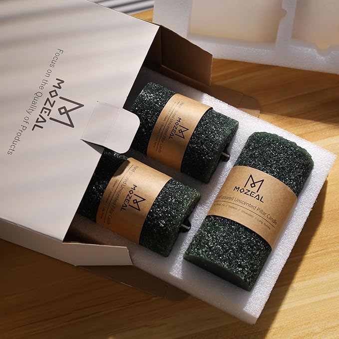 MOZEAL Hand-Poured Granular Texture Decorative Dark Green Pillar Candles Set of 3 (3"x4", 5", 6"), Approx 300 Hours Burn Time, Dripless, Unscented, Smokeless, for Christmas Winter Holidays Decor
