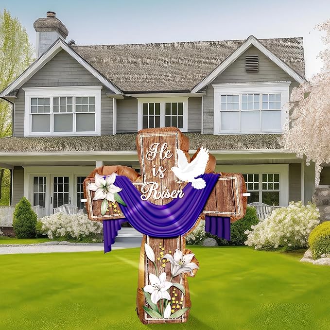 VIHOSE Easter Inflatable Decor 4.5 Ft He is Risen Blow Up Decoration Religious Cross Inflatables with LED Lights Christian Inspirational Yard Decor for Garden Lawn Indoor Holiday Party Supplies