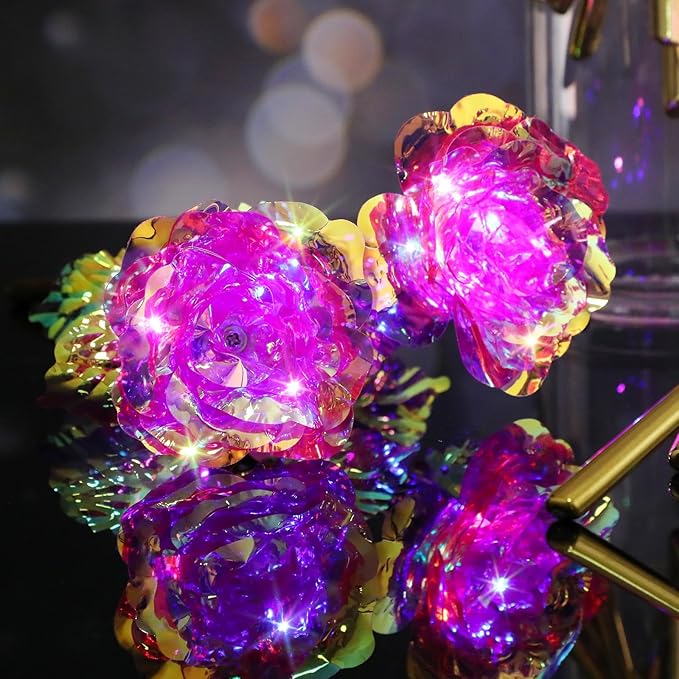 Lyrow 24 Pcs Valentines Galaxy Rose LED Light up Rose Flower Gifts Crystal Artificial Rainbow Flower for Valentine Lover Girlfriend Mom Her Mother's Day Birthday Wedding Gift, 9.84 Inches (Pink)