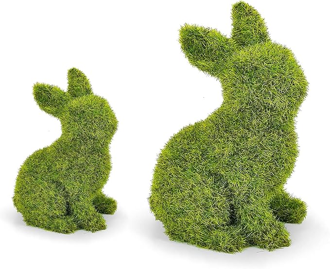 Easter Bunny Decorations,Resin Moss Bunny Figurine,Garden Artificial Moss Rabbit Easter Décor Easter Party Favors Gifts(Medium-2pcs)