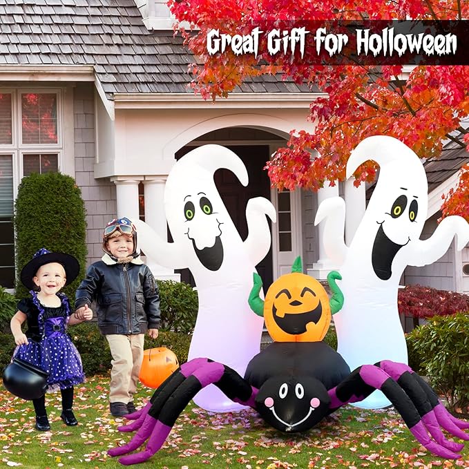 Halloween Inflatable, SHDEJTG 7Ft Pumpkin Ghost Spider Inflatable Decoration, Blow Up Yard Decoration Clearance with LED Lights Built-in for Outdoor, Holiday, Party, Yard, Garden