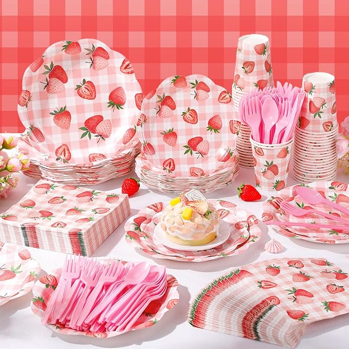 Pickmesh 400 Pcs Strawberry Birthday Party Plates and Napkin Decoration Summer Watercolor Fruit Tableware Cups Knives for Wedding Berry First Birthday Themed Baby Shower Party Supplies Serve 50