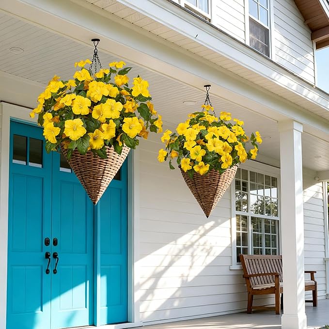 19 Inch Artificial Fake Flowers for Outdoor,4 Pcs Faux Silk Petunias Spring Flowers for Outside for Indoor Porch Planter Front Door Garden Patio Window Box Home Decor(Yellow)