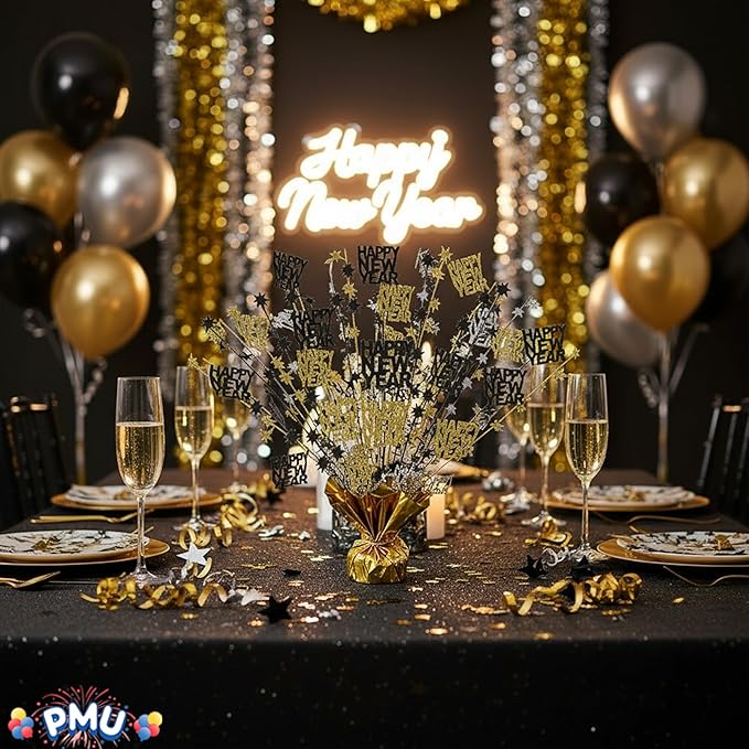 PMU 12Pc New Year's Eve Bursting Centerpiece for Table Decor, Table Balloon Weights| for Theme Party Decorations Supplies Gold |15in